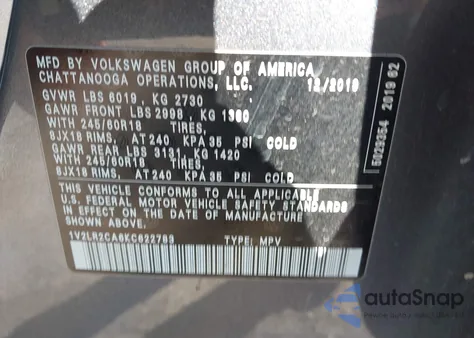 2019 Volkswagen Atlas 3.6L V6 Se z USA, uszkodzony, nr VIN 1V2LR2CA6KC622783
